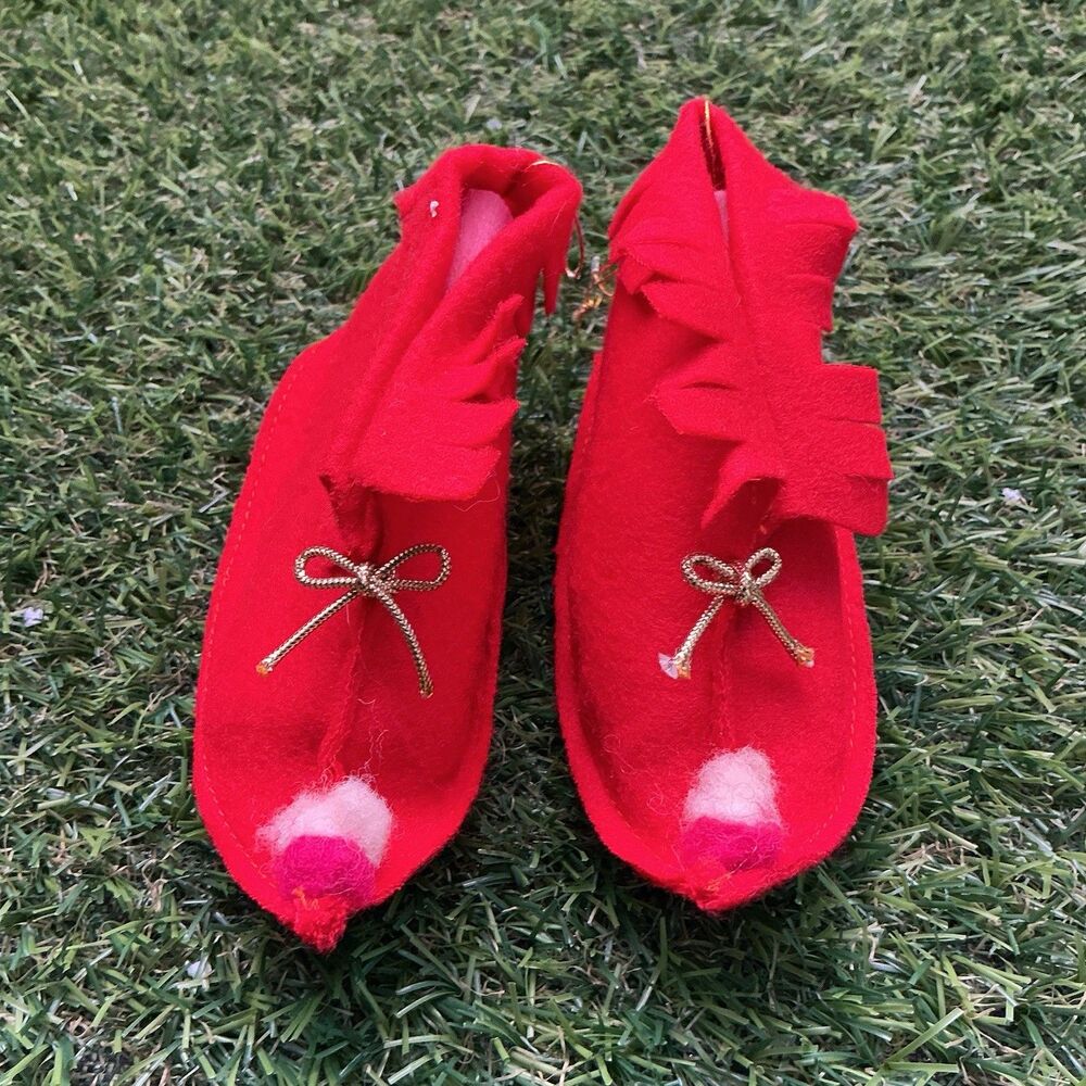 Vintage Red Felt Elf Shoe Christmas Ornaments Pair Pixie Slippers Japan Style